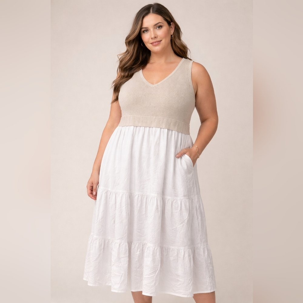 Cato 18/20W Sleeveless Knit Tiered Midi Dress Neutral, Minimalis Rayon/cotton